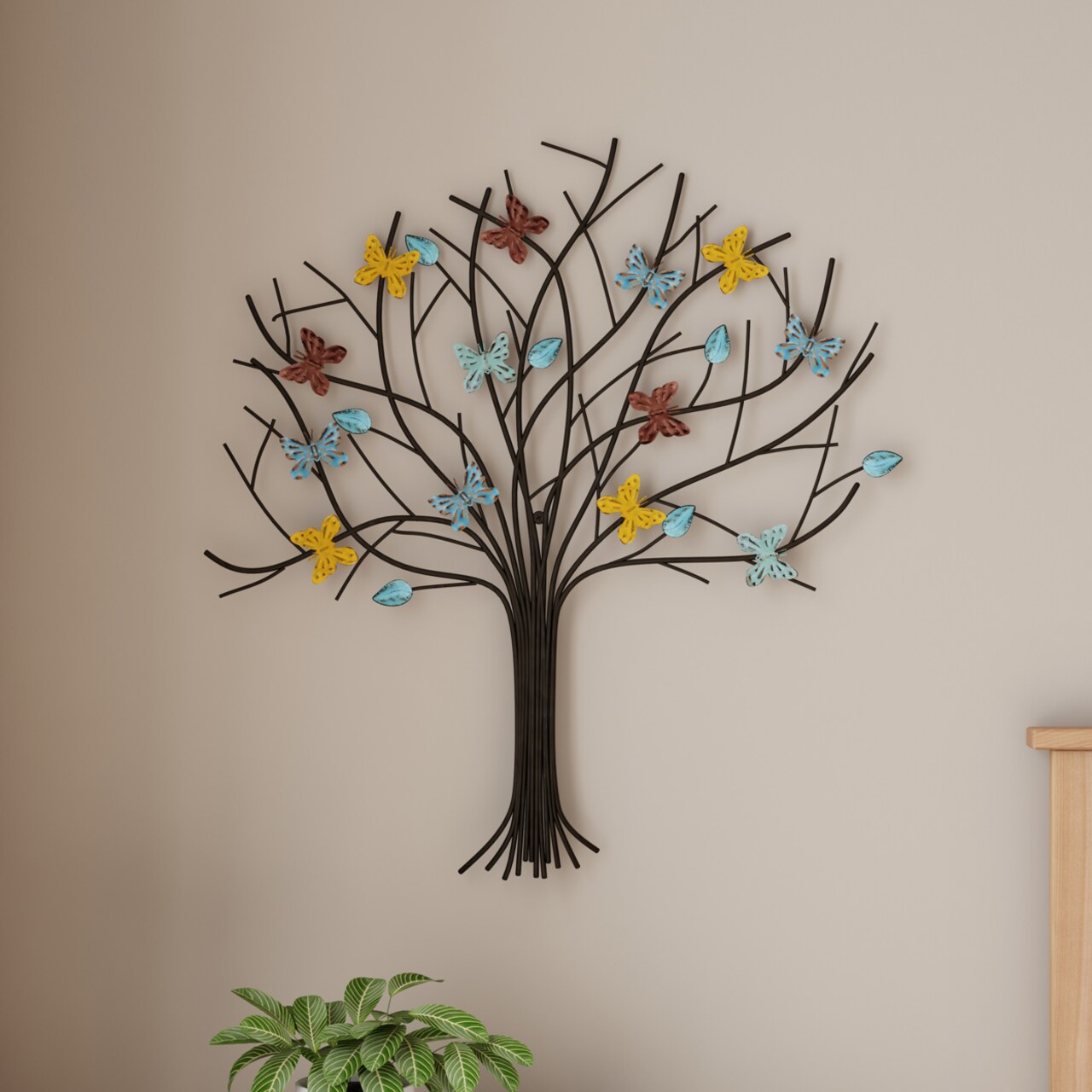 Lavish Home Tree of Life Butterfly Metal Wall Art- Hand Painted Decorative 3D Butterflies/Leaves